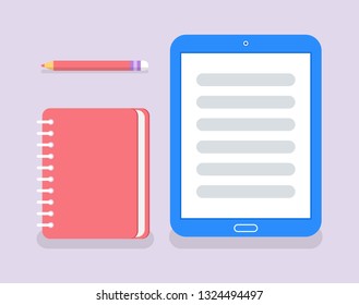 Notebook to write memos and personal information vector. Paper with spiral bind together, pencil and e-book, tablet device assisting in education learning