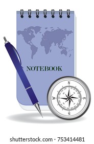   notebook for writing - automatic pen - compass - isolated on white background - vector art illustration