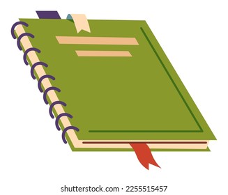 Notebook for writing, isolated school diary with bookmarks and notes. School or university supplies, studying, and obtaining knowledge. Learning and educating, textbook. Vector in flat style