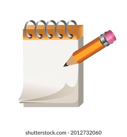 A notebook for writing with white pages and a pencil with an eraser, a ready-made illustration on a white background in a flat style