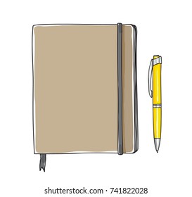 notebook and yellow pen hand drawn vector art illustration