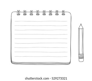 notebook and yellow Pencil hand drawn line art cute vector illustration