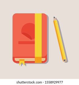 Notebook with yellow pencil, vector illustration, isolated on background