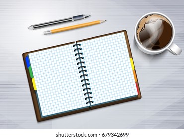 Notebooke and cup of hot coffee