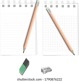 Notebook,pencil and eraser on white background.