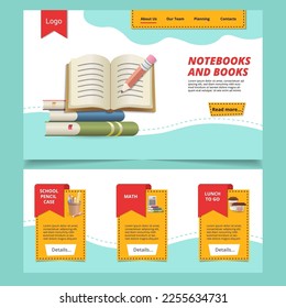 Notebooks and books flat landing page website template. School pencil case, math, lunch to go. Web banner with header, content and footer. Vector illustration.