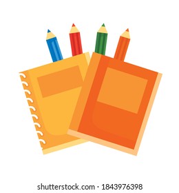 notebooks and colors pencils school supplies flat style icon vector illustration design