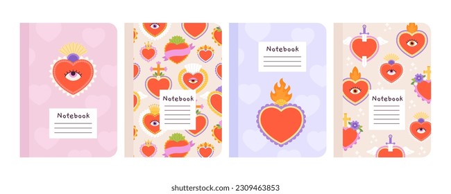 Notebooks cover design, mexican hearts sacred elements. Red heart with wings, fire and flowers. Decorative racy graphic templates vector set