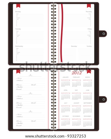 notebooks with days of the week, address page and calender for 2012