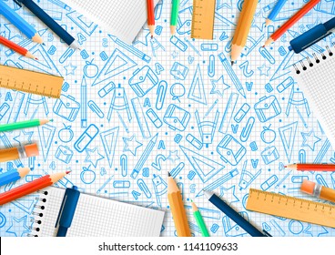Notebooks with deferent pencils in realistic style on  background with school doodle illustrations. Vector illustration design
