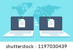 Notebooks file transfer. Data transmission, ftp files receiver and notebook computer backup copy. Document pc migration, network laptop file sharing isometric vector concept