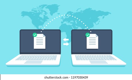 Notebooks file transfer. Data transmission, ftp files receiver and notebook computer backup copy. Document pc migration, network laptop file sharing isometric vector concept