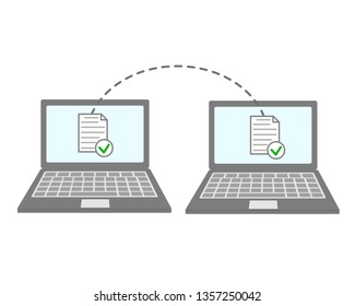 Notebooks file transfer. Data transmission, ftp files receiver and notebook computer backup copy. Document sharing vector concept 