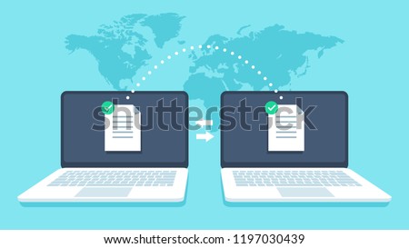 Notebooks file transfer. Data transmission, ftp files receiver and notebook computer backup copy. Document pc migration, network laptop file sharing isometric vector concept