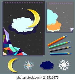 notebooks gray with moon and clouds and pencils vector