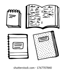 Notebooks and ledgers. Hand drawn clipart. Vector doodle school icons and symbols isolated on a white background.