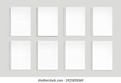 Notebooks with lines, dots and square grid. Vector realistic mockup of notepads with spiral wire binders and lined pattern paper. Template of empty paper sheets on springs isolated on gray background