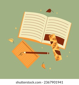 Notebooks, notepads, memo pads, planners, organizers for making writing notes and jotting isolated on green background, fall autumn reading vibe. Colorful vector illustration in flat style
