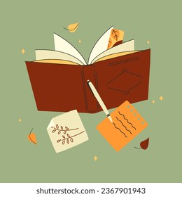 Portátiles, bloc de notas, toallas para memo, planificadores, organizadores para hacer notas de escritura y textos aislados en fondo verde, ambiente de lectura otoño. Ilustración vectorial colorida en estilo plano