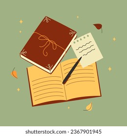 Portátiles, bloc de notas, toallas para memo, planificadores, organizadores para hacer notas de escritura y textos aislados en fondo verde, ambiente de lectura otoño. Ilustración vectorial colorida en estilo plano