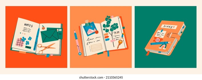 Notebooks, Organizers for to do lists, personal plans, goals. Diary with stick notes, bookmarks, envelope, pencil, pen. Set of three isolated Hand drawn modern Vector illustrations