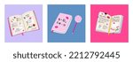 Notebooks, Organizers in y2k style for to do lists, personal plans, goals. Pink burn book. Diary with stick notes, bookmarks, fluffy pen. Set of three isolated Hand drawn modern Vector illustrations