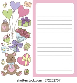 Notebooks page with cute romantic elements: heart, bouquet of roses and cute animals.