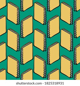 Notebooks pattern, seamless pattern on green background.