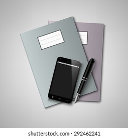 Notebooks with pen and smart phone background