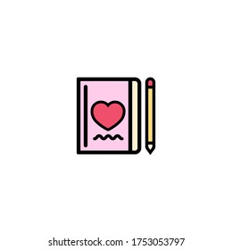 Notebooks, pencil, hearts icon flat. Love stories symbol. Valentines day concept. Vector on isolated white background. Eps 10