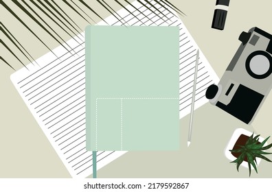 Notebooks with pencil and photo camera on grey background