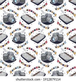 Notebooks and photo cameras. Seamless pattern on a white background. Cute vector illustration.