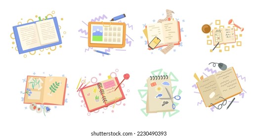 Notebooks, planners and diaries vector illustration set. Eight bright notebooks with markers, pencils, inscriptions and drawings isolated on white background. Dairy concept