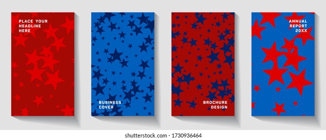 Notebooks, reports, magazines. Editable vector design elements. Title sheet model set. Geometric mock-up texture. Red, blue.