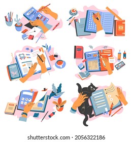 Notebooks and supplies for writing and putting down information. Textbook or copybook, planner or organizer. Hand with pencil and marker, playing with kitten while working. Vector in flat style