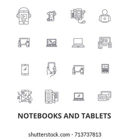 Notebooks and tablets, laptop, screen, notepad, computer, gadget, pc line icons. Editable strokes. Flat design vector illustration symbol concept. Linear isolated signs
