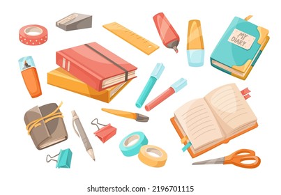 Juegos de ilustraciones vectoriales de portátiles y herramientas de escritura. Dibujos de caricaturas de útiles escolares o de oficina, libros, bolígrafos, notas para el diario, agujeros de lápiz aislados en fondo blanco. Concepto de estacionalidad