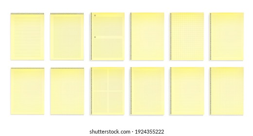 Notebooks with yellow paper in lines, dots and square grid top view. Vector realistic mockup of notepads with spiral wire binders and line pattern isolated on white background