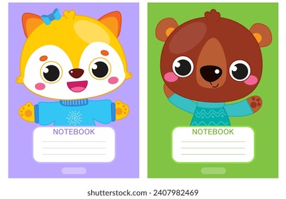 Notebook.Workbook. Kids notebook or exercise book cover vector template with animal. Kids workbook. Education notebook