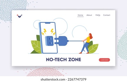 No-tech Zone Landing Page Template. Technology Timeout Concept with Tiny Woman Power Off Huge Phone To Take A Break From Internet Female Character Detoxification. Cartoon People Vector Illustration svg