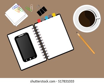 Notepad, accessories, stationery, phone and coffee mug. Vector image.