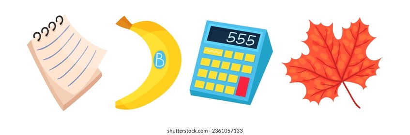 Notepad, Banana, Calculator and Maple Leaf as Back to School Symbol and Stationery Object Vector Set