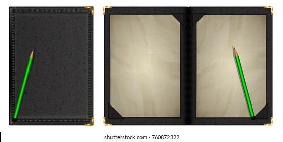 A notepad in black leather binding and a pencil, two kinds of closed and open with old sheets of paper are shown. Isolated objects on white background.