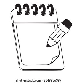 Notepad blank sheet and pencil icon, sticker. Sketch hand drawn of note book in doodle style doodle.