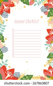 Notepad blooming flowers in vivid colors on white background. Summer checklist what to remember. Vector and illustration design.