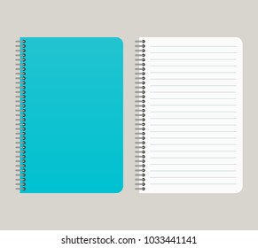 Notepad with a blue cover and with a binding from left side. Vector illustration
