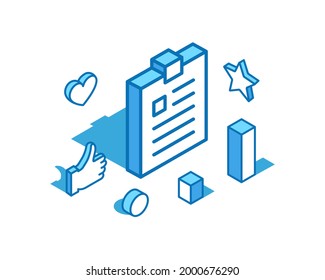 Notepad blue line isometric illustration. Tablet, exercise book, notebook 3D banner template.