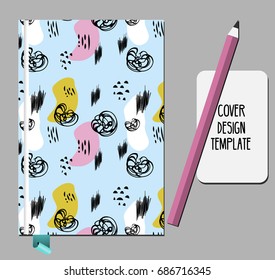 Notepad, book cover design template with abstract hand drawn 80s 90s style pattern.