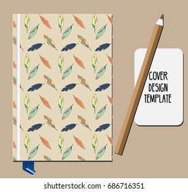 Notepad, book cover design template with bird feathers pattern.