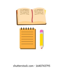 notepad, book and pencil, stationery for office school or writer cartoon flat illustration vector isolated in white background